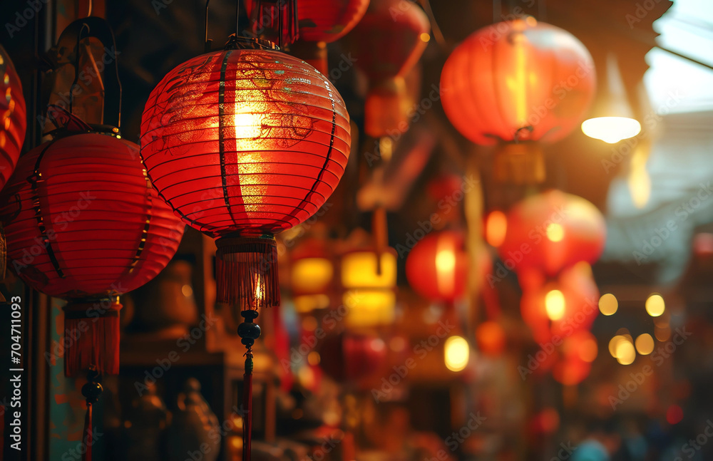 Red lanterns inside an oriental store - obrazy, fototapety, plakaty 
