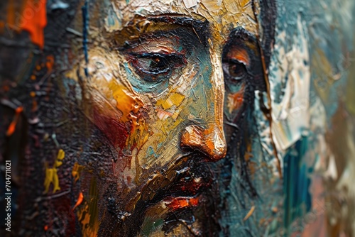 Macro photography of a Jesus Christ painting, capturing the brush strokes and artistic expression.