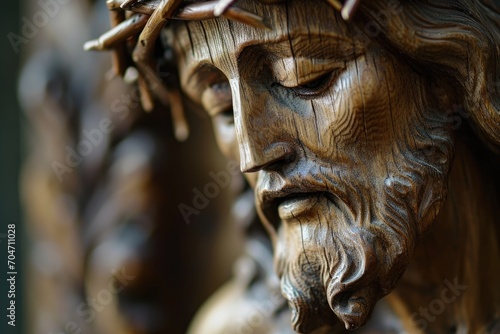 Macro photography of a wooden Jesus Christ sculpture, with a focus on intricate details and craftsmanship © furyon