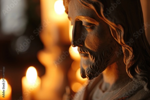 Macro shot of a candlelit Jesus Christ statue, creating an atmosphere of reverence and spirituality