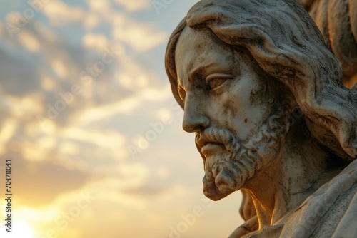 Macro shot of a Jesus Christ statue against a sunrise, highlighting the interplay of light and spirituality