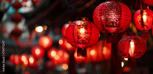 Red paper lanterns are hanging in hong kong chinese new year