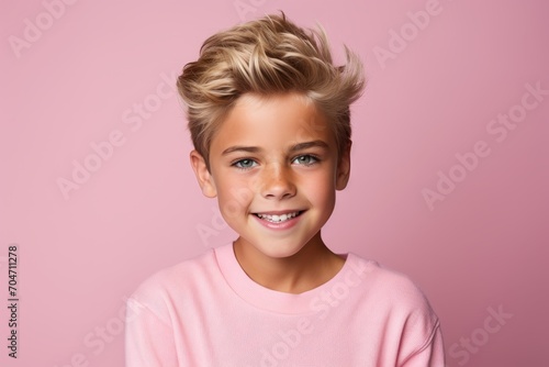 Cheerful little boy with blonde hair and blue eyes. Studio shot over pink background.