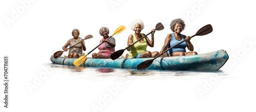 african family in a wooden boat at the port of the lake Nokwe. photo