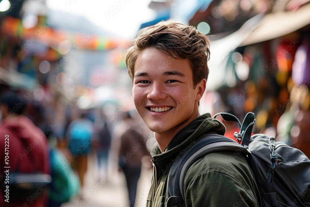Smiling young man exploring a bustling city market, cultural immersion. Smiling young man exploring a bustling city market, cultural immersion.