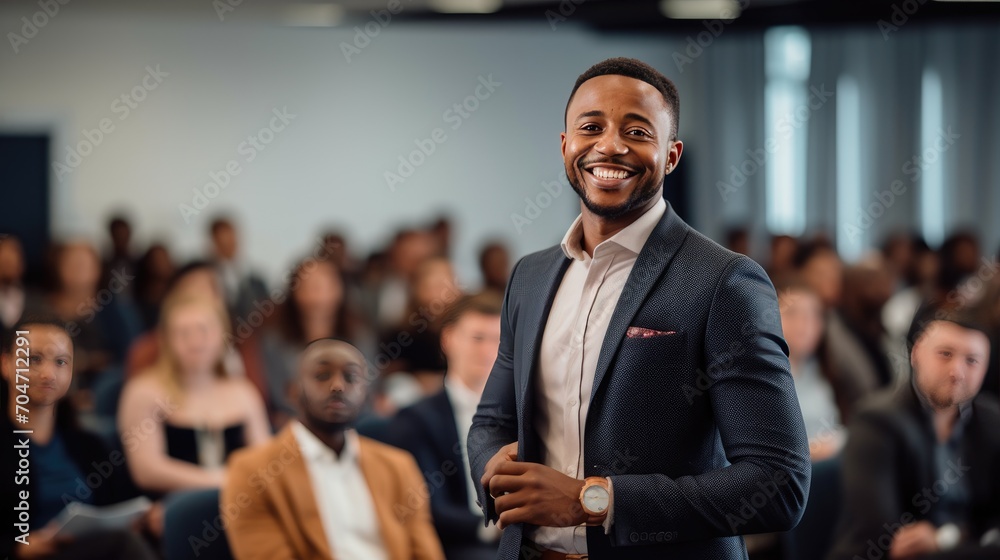 Obraz premium African young business man in front of a group