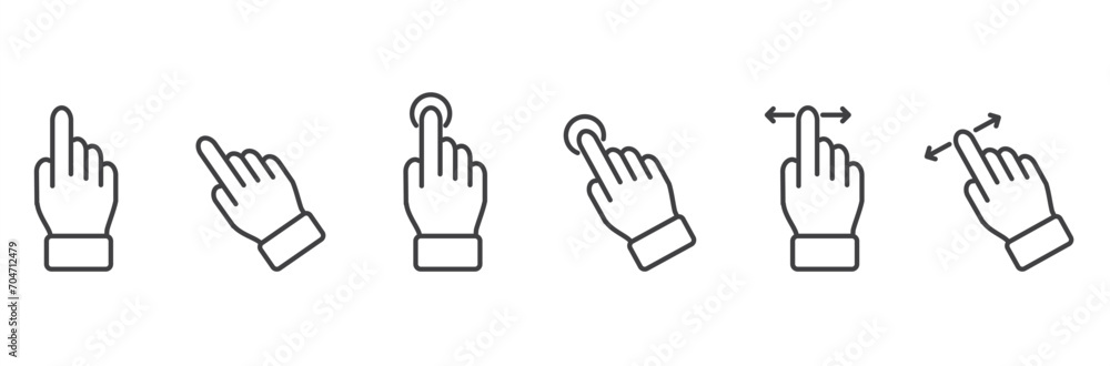 Icon set of finger touch gesture related Vector illustration, Simple set of gesture line icons. Simple touch screen gesture pack. Stroke vector illustration on a transparent background. Modern outline Icon set of finger touch gesture related Vector illustration, Simple set of gesture line icons. Simple touch screen gesture pack. Stroke vector illustration on a transparent background. Modern outline