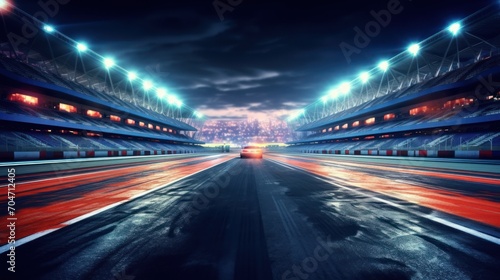 racing track finish line and illuminated race sport stadium at night.