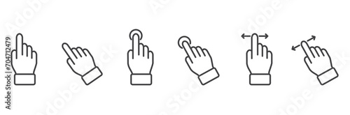 Icon set of finger touch gesture related Vector illustration, Simple set of gesture line icons. Simple touch screen gesture pack. Stroke vector illustration on a transparent background. Modern outline