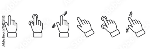 Gesture touches vector linear sions set. Simple touch screen gesture pack. Stroke vector illustration on a transparent background. Modern outline style icons collection.
