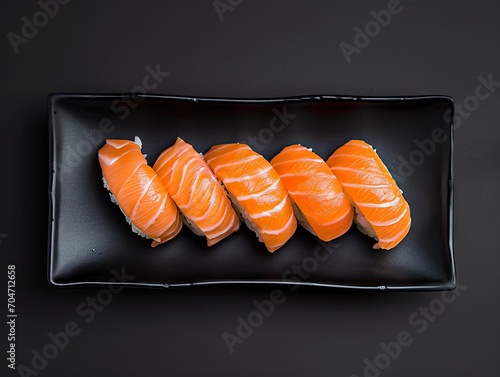 rectangular plate with a row of salmon sushi