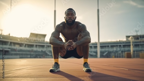 Athlete, sitting and track for stretching legs to start training, exercise or running for fitness outdoor. Man, photo
