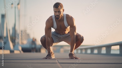 Young sportsman sitting on running track and looking at Athlete stretching to improve flexibility. photo