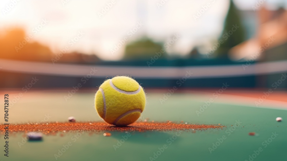 ball on a paddle tennis court line. Selective focus. Bright blue tennis,