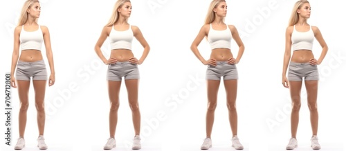 Athletic Caucasian woman in shorts and crop top posing on white background.