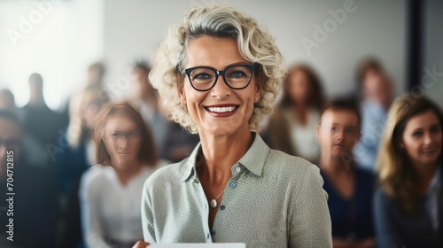 American middle age business woman in front of a group