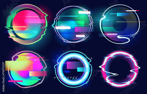 Design elements in cyberpunk style. Retrofuturistic holographic collection in the disco style of the 80s and 90s. Distorted illuminated circle with glitch effect. Frame design with neon circle