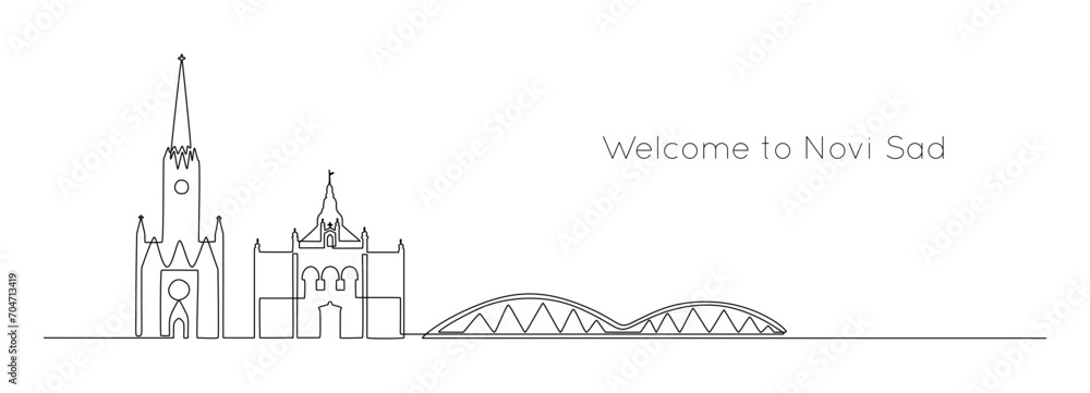 Continuous one line drawing of Novi Sad city. Serbian landmarks and city architecture in simple linear style. Editable stroke. Doodle outline vector illustration