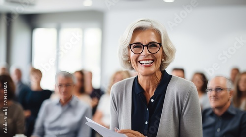 American senior business woman in front of group photo