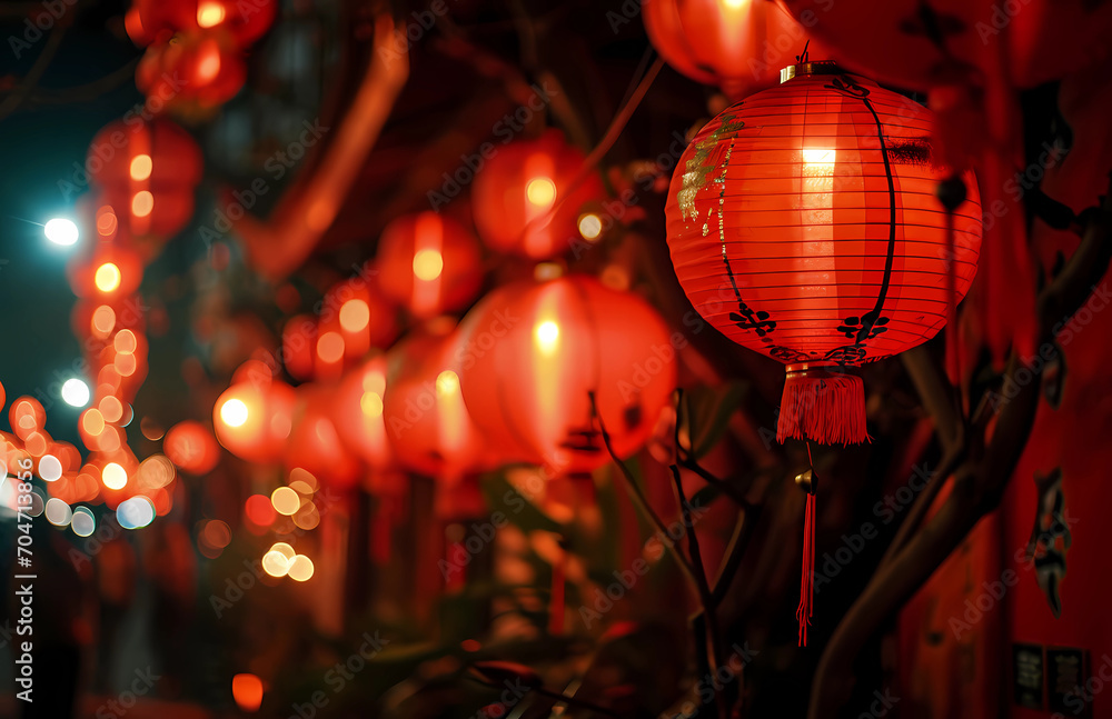 Red lanterns hanging at a night ceremony