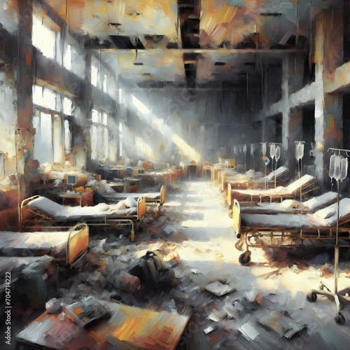 Impressionistic illustration of the empty interior of a bombed hospital.