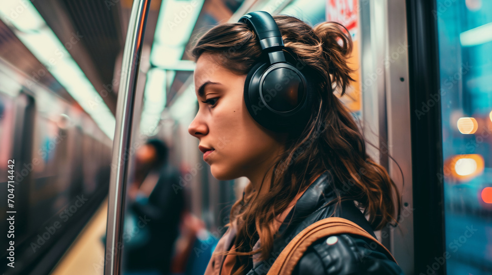 a woman with headphones in a subway a woman with headphones in a subway