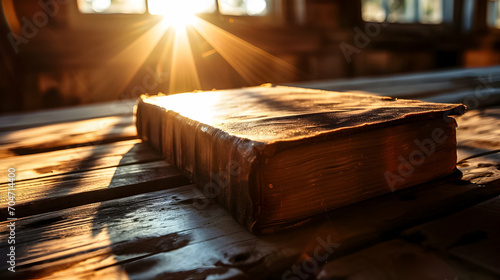 Bible old book on wooden table. photo