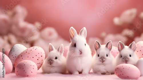 Cute little Easter bunnies with big eggs on the pink background.