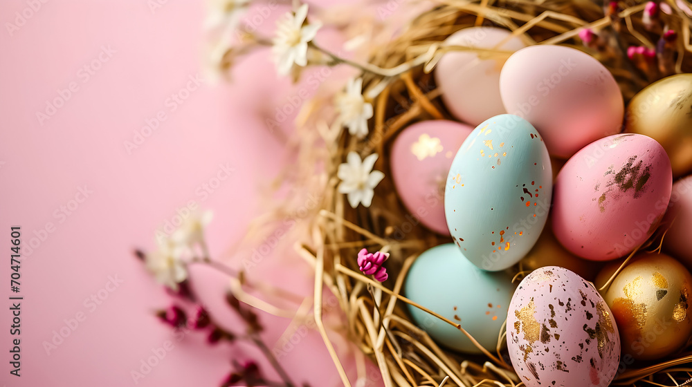 Easter eggs in a basket on the pink background with flowers. Copy space.