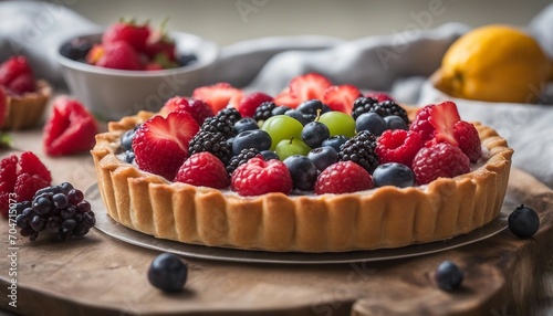 Fresh fruit tart with berries on a wooden background. Selective focus.