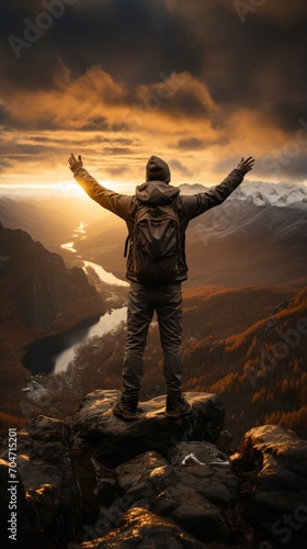 Man on Top of a Mountain with Raised Arms