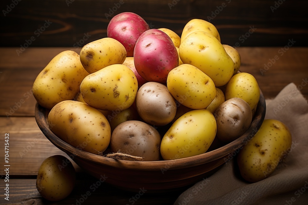 A wooden bowl filled with different varieties of potatoes