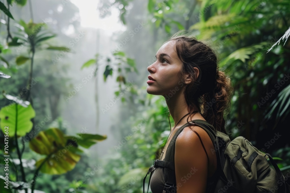 Young woman exploring a tropical rainforest, surrounded by exotic flora and fauna. Young woman exploring a tropical rainforest, surrounded by exotic flora and fauna.