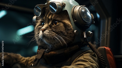 A cat wearing a helmet and goggles sits in a cockpit.