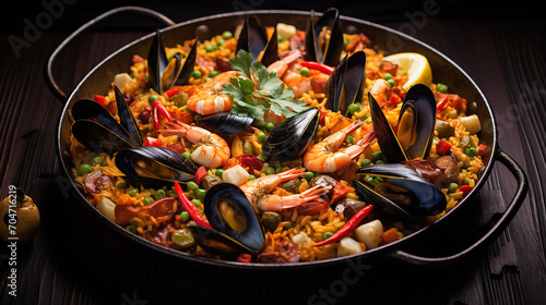 colorful seafood paella dish with shellfish on dark wooden table