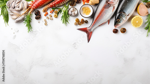 fresh fish and seafood on marble table flat lay space for text