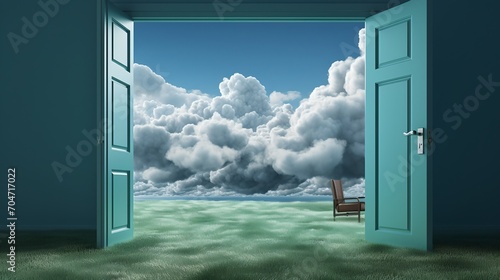 Doorway to a surreal grassy field with a single chair