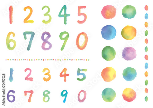 カラフルな水彩の数字と丸のセット