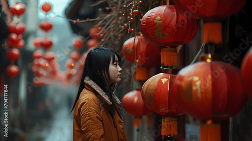 Woman standing beside red lanterns