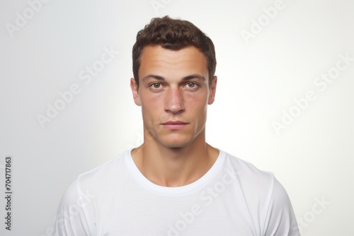Portrait of young man in white t-shirt on grey background