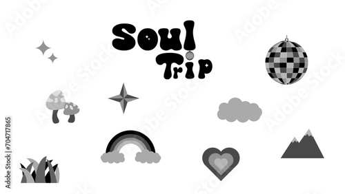 Editable Icon Set of Nature Soul Trip. Vector illustration in a modern style of icons related to nature and soul trip: Cloud, Mirror Ball, Grass, Heart, Mountain, Mushroom, Rainbow, Stars, Psychedelic