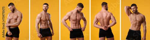 Muscular man in stylish black underwear on yellow background, collection of photos