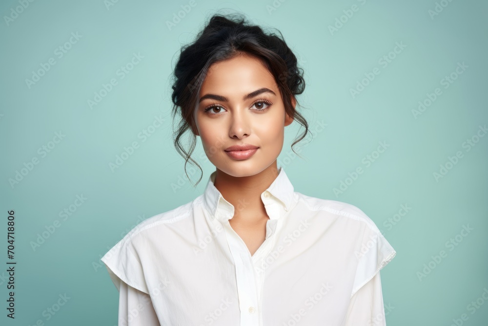 Beautiful young asian woman in white shirt on blue background. Beautiful young asian woman in white shirt on blue background.
