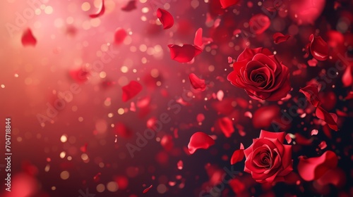 red valentines day roses petals sprinkles confetti for a holiday celebration on 14th february 2024. shiny red lights. wallpaper background for ads or gifts wrap and web design and banners cards #704718844