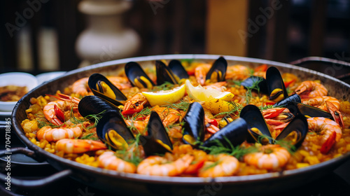 spanish seafood paella closeup view with blurred background