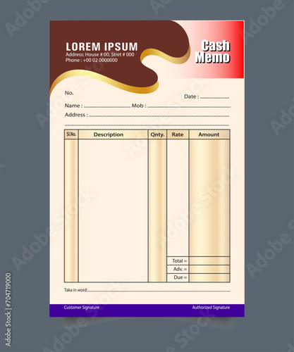 Business payment Cash memo invoice vector template design, cash memo design. vector business cash memo design