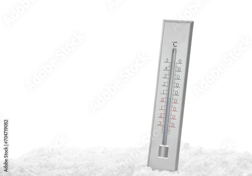 Weather thermometer in snow against white background photo