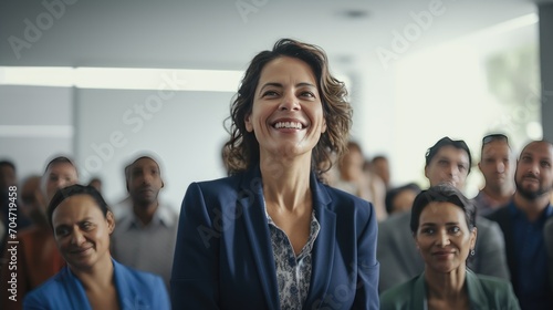 Mexican middle age business woman in front of a group 