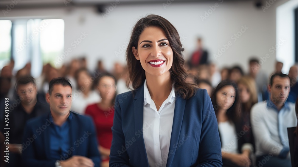 Mexican middle age business woman in front of a group Mexican middle age business woman in front of a group