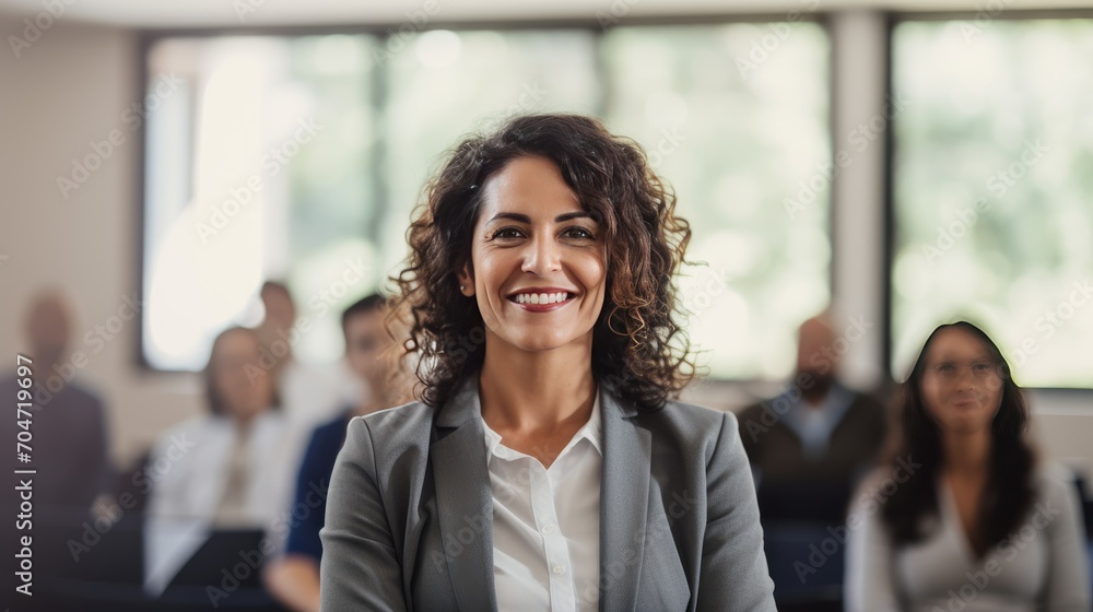 Mexican middle age business woman in front of a group Mexican middle age business woman in front of a group